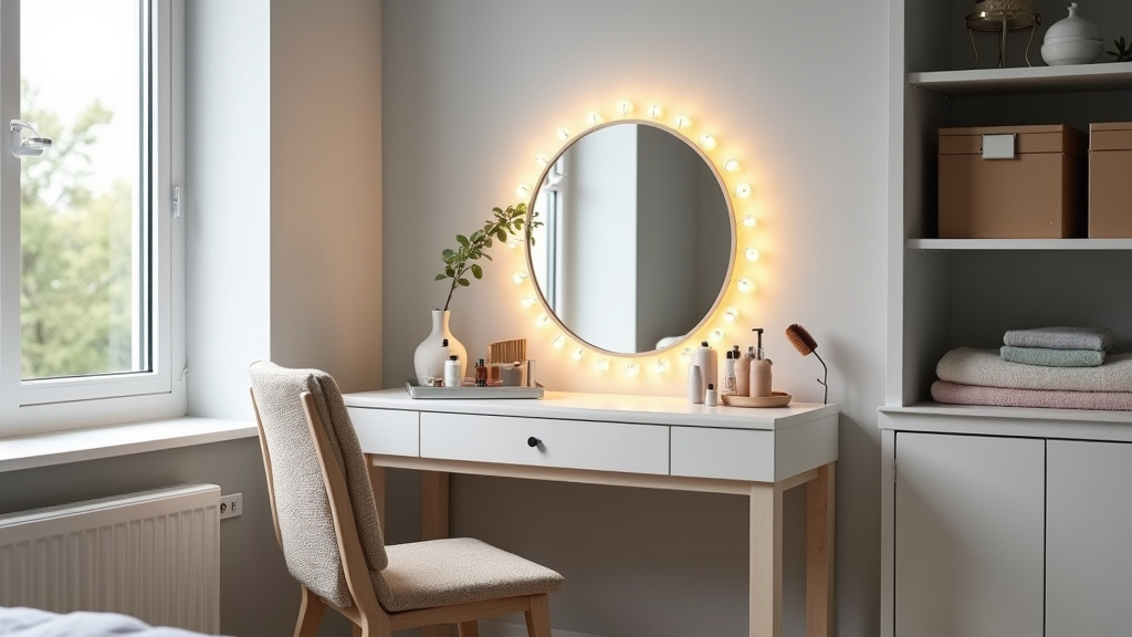 Coiffeuse IKEA moderne avec miroir lumineux et rangements intégrés