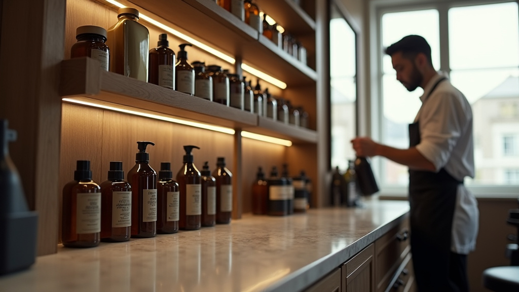 Étagère de produits de coiffure professionnels avec shampoings et masques
