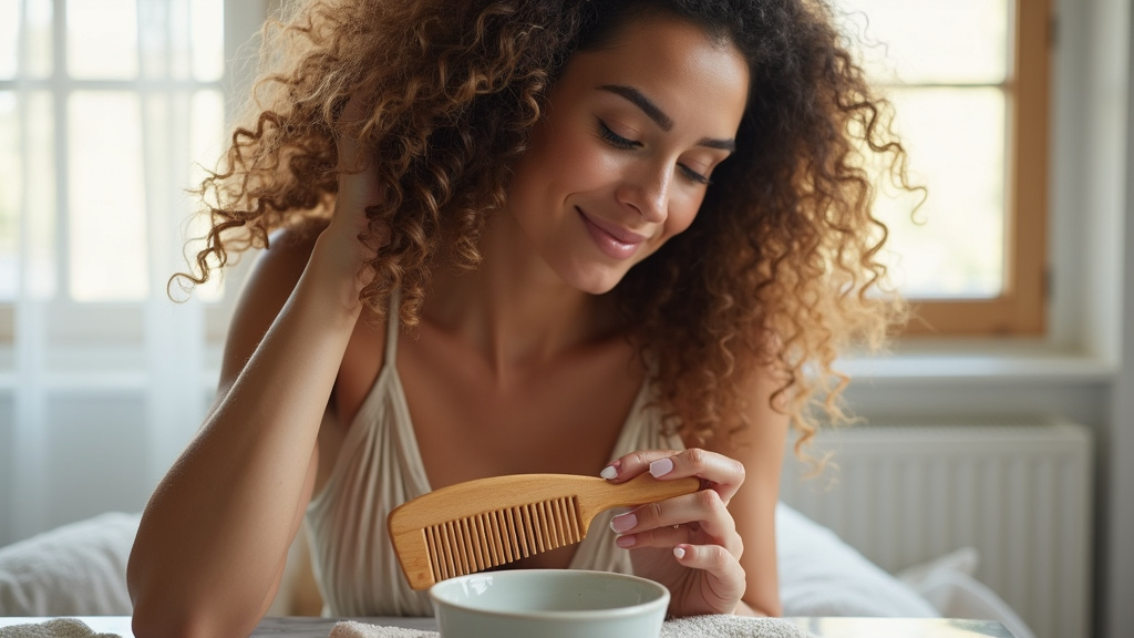 Une personne démêlant doucement ses cheveux bouclés humides avec une brosse à picots souples.