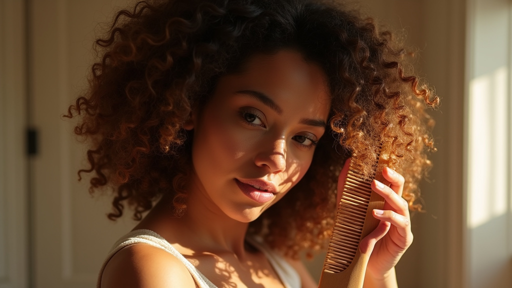 Une femme souriante avec de beaux cheveux bouclés, tenant une brosse démêlante.