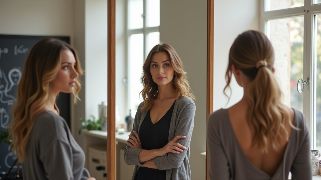 Femme se regardant dans un miroir pour déterminer sa forme de visage