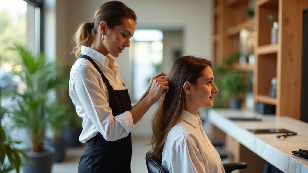 Client satisfaite sortant d'un salon Excel Coiffure